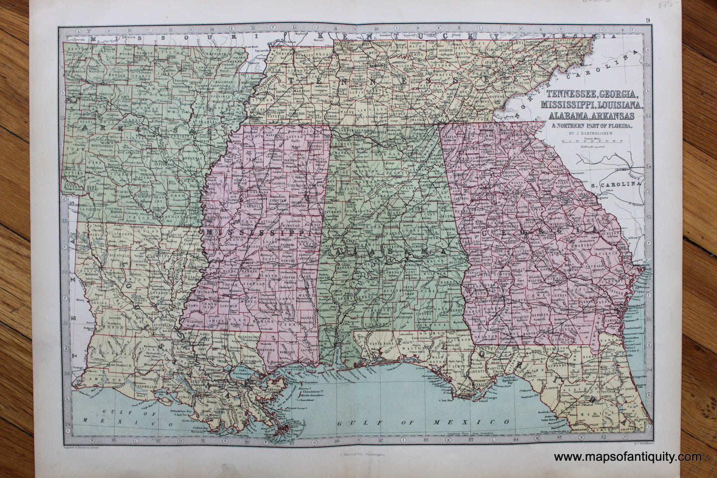 Antique-Printed-Color-Map-Tennessee-Georgia-Mississippi-Louisiana-Alabama-Arkansas-&-Northern-Part-of-Florida.-United-States-South-1873-J.-Bartholomew-Maps-Of-Antiquity