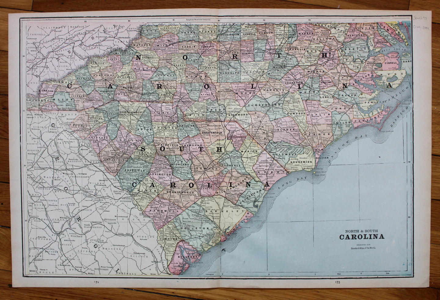 Antique-Printed-Color-Map-North-&-South-Carolina-verso:-Atlanta-(GA)-and-Charleston-(SC)-United-States-South-1894-Cram-Maps-Of-Antiquity