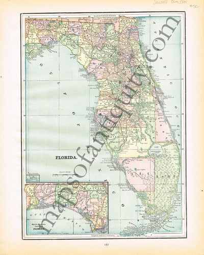 Antique-Printed-Color-Map-Florida-verso:-Alabama-**********-United-States-South-1894-Cram-Maps-Of-Antiquity