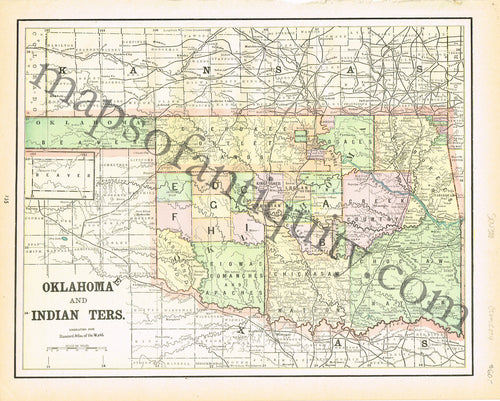 Antique-Printed-Color-Map-Oklahoma-and-Indian-Ters.-verso:-Map-of-The-Oklahoma-Country-in-The-Indian-Territory-**********-United-States-West-1894-Cram-Maps-Of-Antiquity