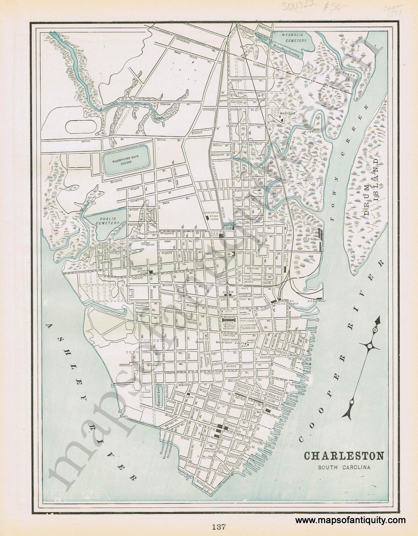 Antique-Map-United-States-US-Charleston-South-Carolina-Atlanta-Georgia-Cram-1898