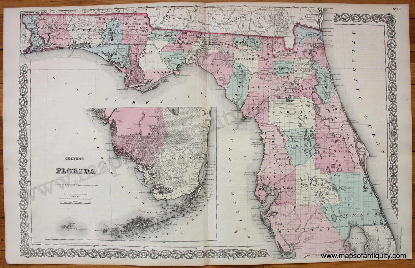 Antique-Hand-Colored-Map-Colton's-Florida-United-States-Florida-1868-Colton-Maps-Of-Antiquity