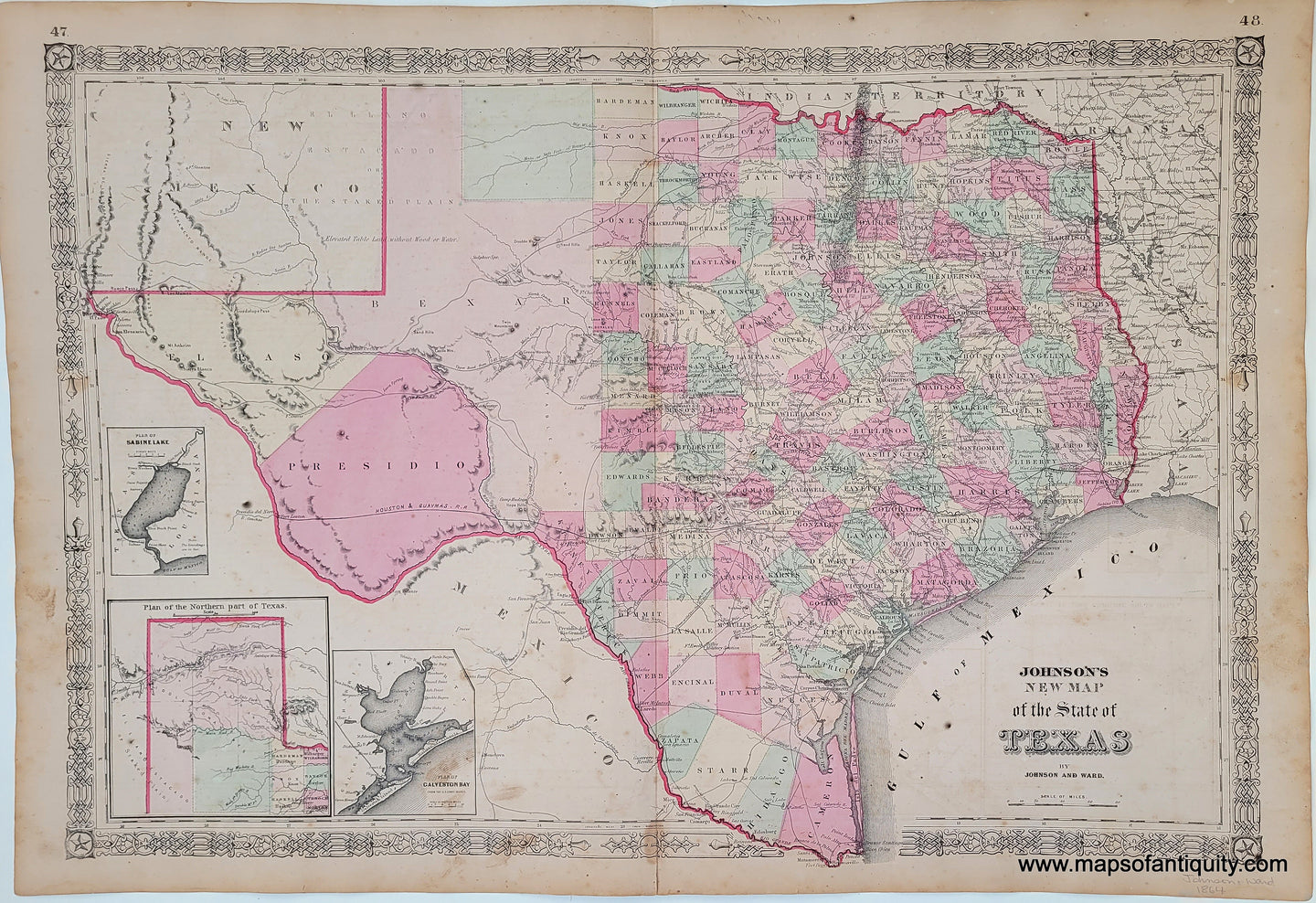 Antique-Map-Johnson's-Texas-1864-Johnson-United-States-South-Maps-of-Antiquity