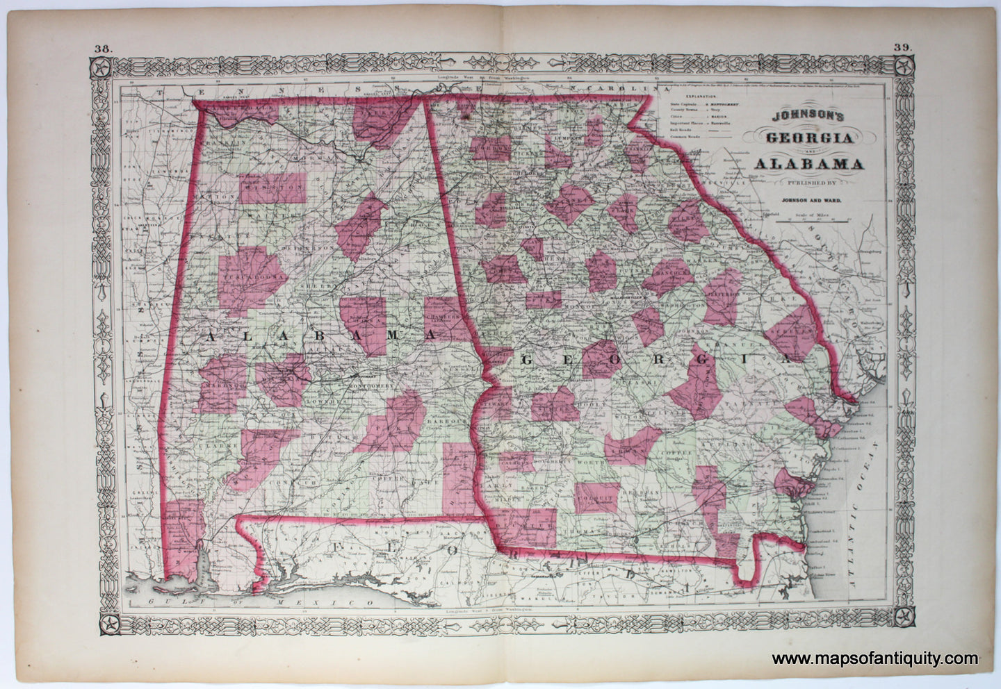 Maps-Antiquity-Antique-Map-United-States-Johnson-Ward-1864-1860s-1800s-19th-Century-Johnson's-Georgia-and-Alabama