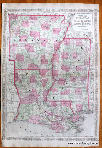 Maps-Antiquity-Antique-Map-United-States-Johnson-Ward-1864-1860s-1800s-19th-Century-Johnson's-Arkansas-Mississippi-Louisiana-Mississippi-River-Delta
