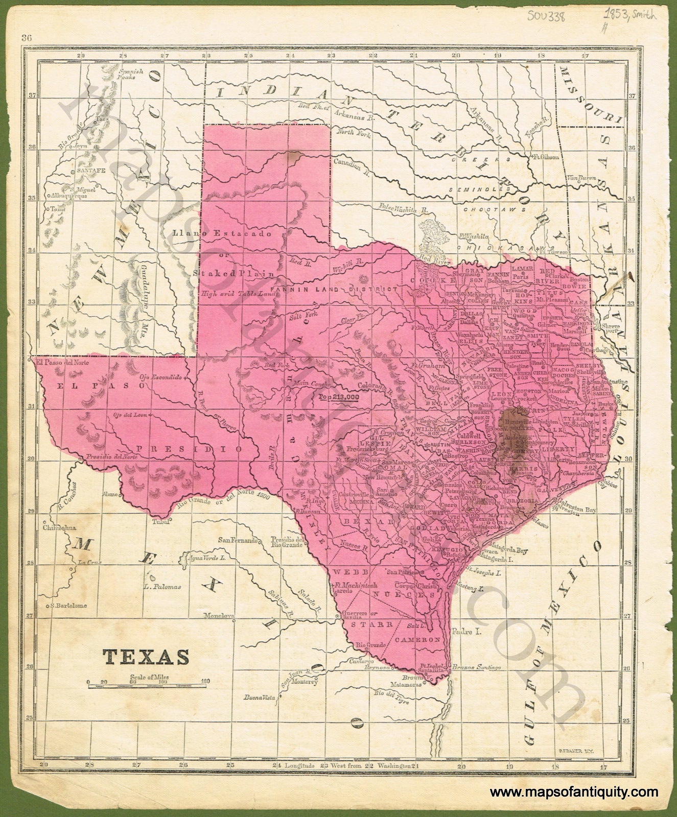 Antique-Hand-Colored-Map-Texas-**********-United-States-South-1853-Smith-Maps-Of-Antiquity