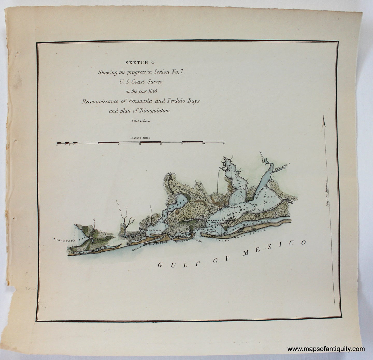 Antique-Map-Florida-Sketch-G-Showing-the-Progress-in-Section-No.-7-Reconnoissance-of-Pensacola-and-Perdido-Bays-and-plan-of-Triangulation-USCS-United-States-Coast-Survey-Coastal-Report-Chart-Charts-Maps-of-Antiquity