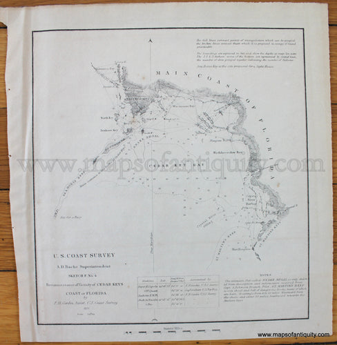 Antique-Black-and-White-Coast-Chart-Sketch-F.-No.-4-Reconnoissance-of-Vicinity-of-Cedar-Keys--Coast-of-Florida--United-States-South-1851-U.S.-Coast-Survey-Maps-Of-Antiquity