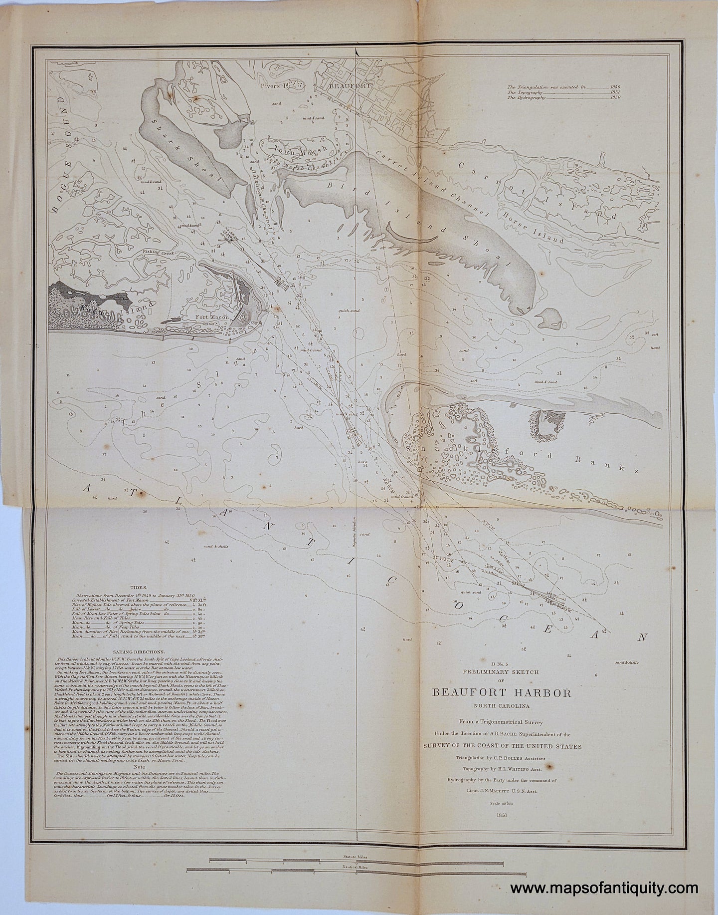 Antique-Map-Chart-Beaufort-Harbor-North-Carolina-NC-1851-USCS