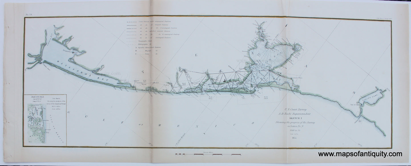 Antique-Map-United-States-U.S.-Coast-Survey-Coastal-Chart-1848-1854-1850s-1800s-19th-Century-Galveston-Bay-Texas-Gulf-of-Mexico-Maps-of-Antiquity
