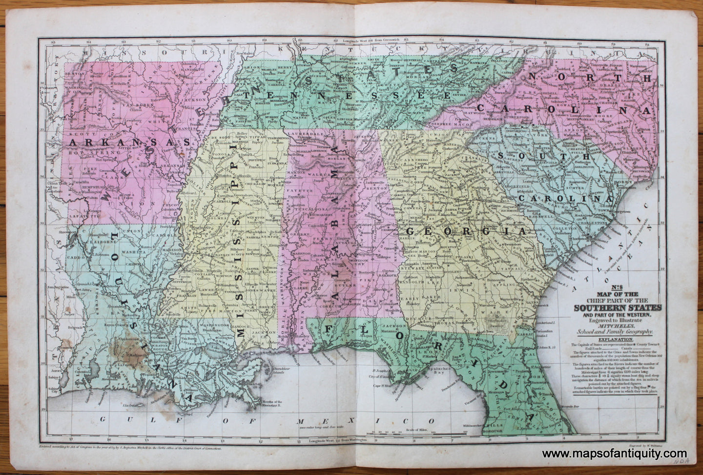 Antique-Hand-Colored-Map-No.-8-Map-of-the-Chief-Part-of-the-Southern-States-and-Part-of-the-Western.-******-United-States-South-1839-Mitchell-Maps-Of-Antiquity