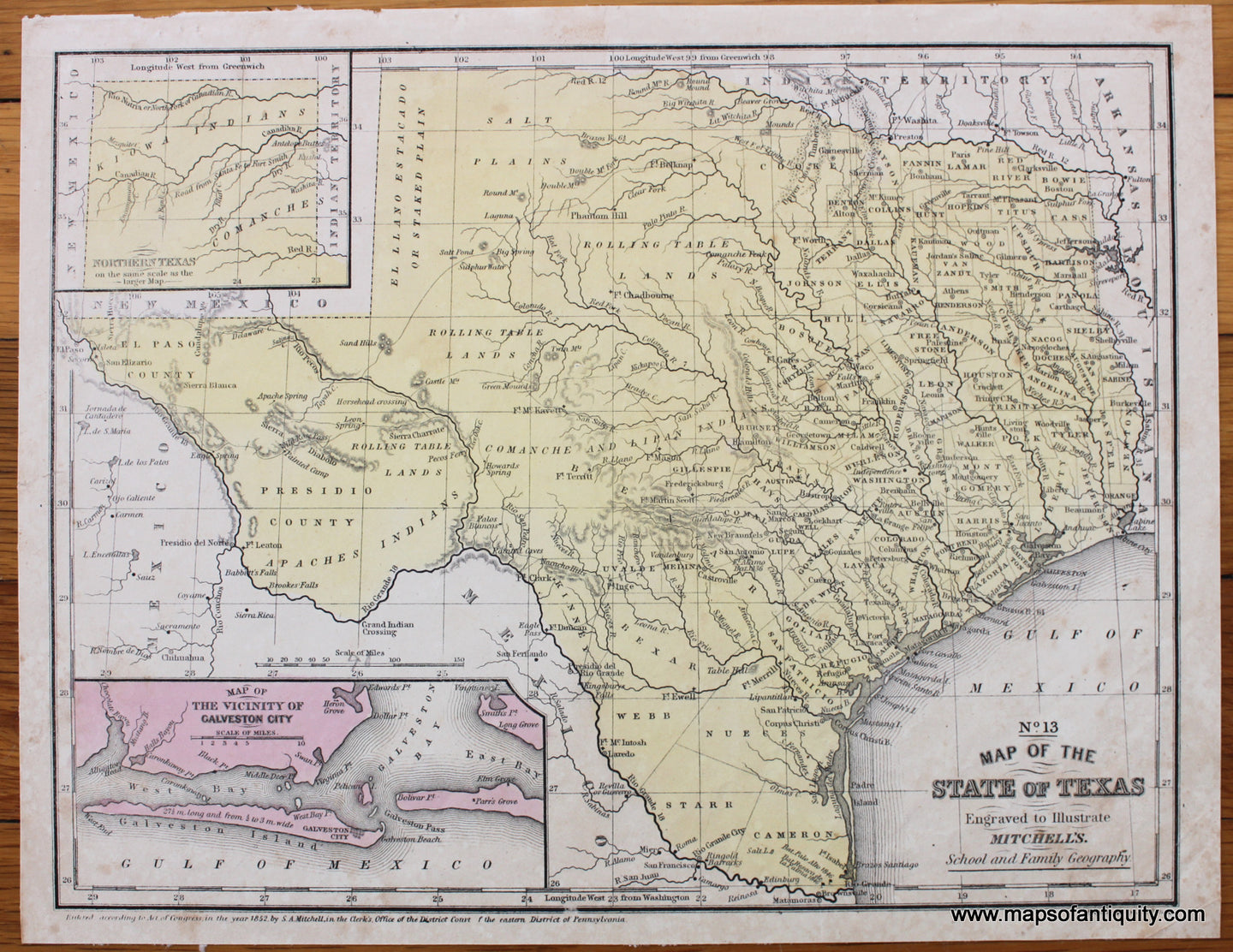 Antique-Hand-Colored-Map-No.-13-Map-of-the-State-of-Texas-**********-United-States-South-1854-Mitchell-Maps-Of-Antiquity