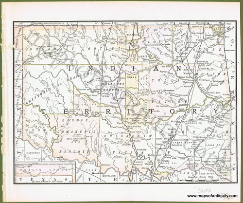 Antique-Printed-Color-Map-Indian-Territory-(Oklahoma)-******-United-States-South-c.-1890-Rand-McNally-Maps-Of-Antiquity
