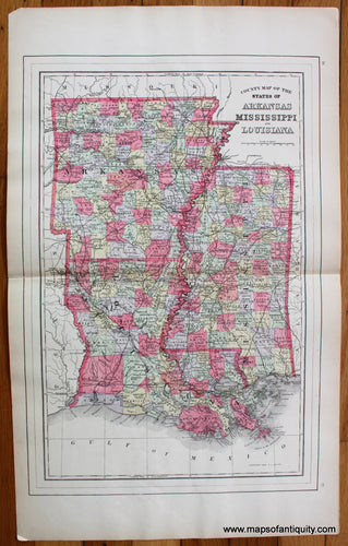 Antique-Hand-Colored-Map-County-Map-of-the-States-of-Arkansas-Mississippi-and-Louisiana-United-States-South-1894-A.L.-Smith-Maps-Of-Antiquity