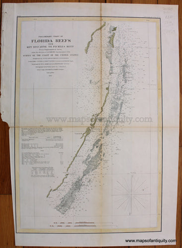 Antique-Map-Coastal-Chart-Florida-Reefs-Key-Biscayne-Pickles-Reef-United-States-Coast-Survey-1856-1850s-1800s-Mid-19th-Century-Maps-of-Antiquity