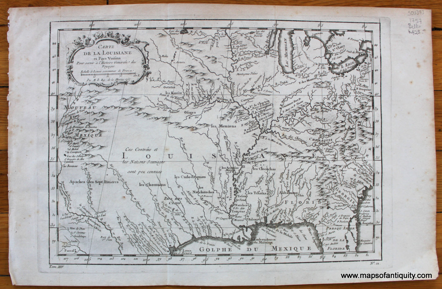 Antique-Map-Carte-de-La-Louisiane-et-Pays-Voisins-Bellin-Louisiana-United-States-South-Southern-US-U.S.-1757-1750s-1700s-Mid-18th-Century-Early-Maps-of-Antiquity