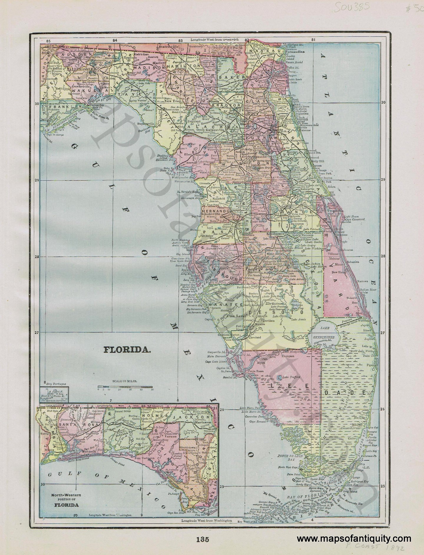 Antique-Map-State-United-States-U.S.-South-Florida-Alabama-Home-Library-and-Supply-Association-Pacific-Coast-1892-1890s-1800s-Late-19th-Century-Maps-of-Antiquity-