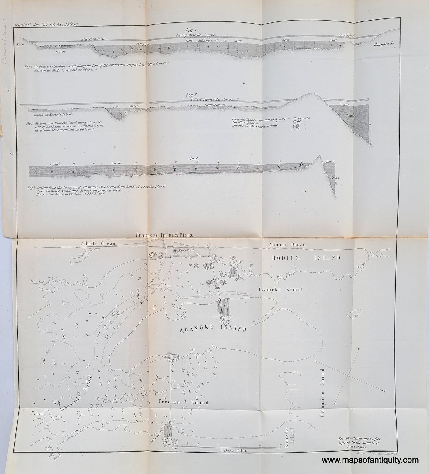 Antique-Map-Roanoke-Island-North-Carolina-Chart-Nautical-Harbor-Sound-Charts-Congressional-Record-33-1853-1850s-1800s-Mid-19th-Century-Maps-of-Antiquity