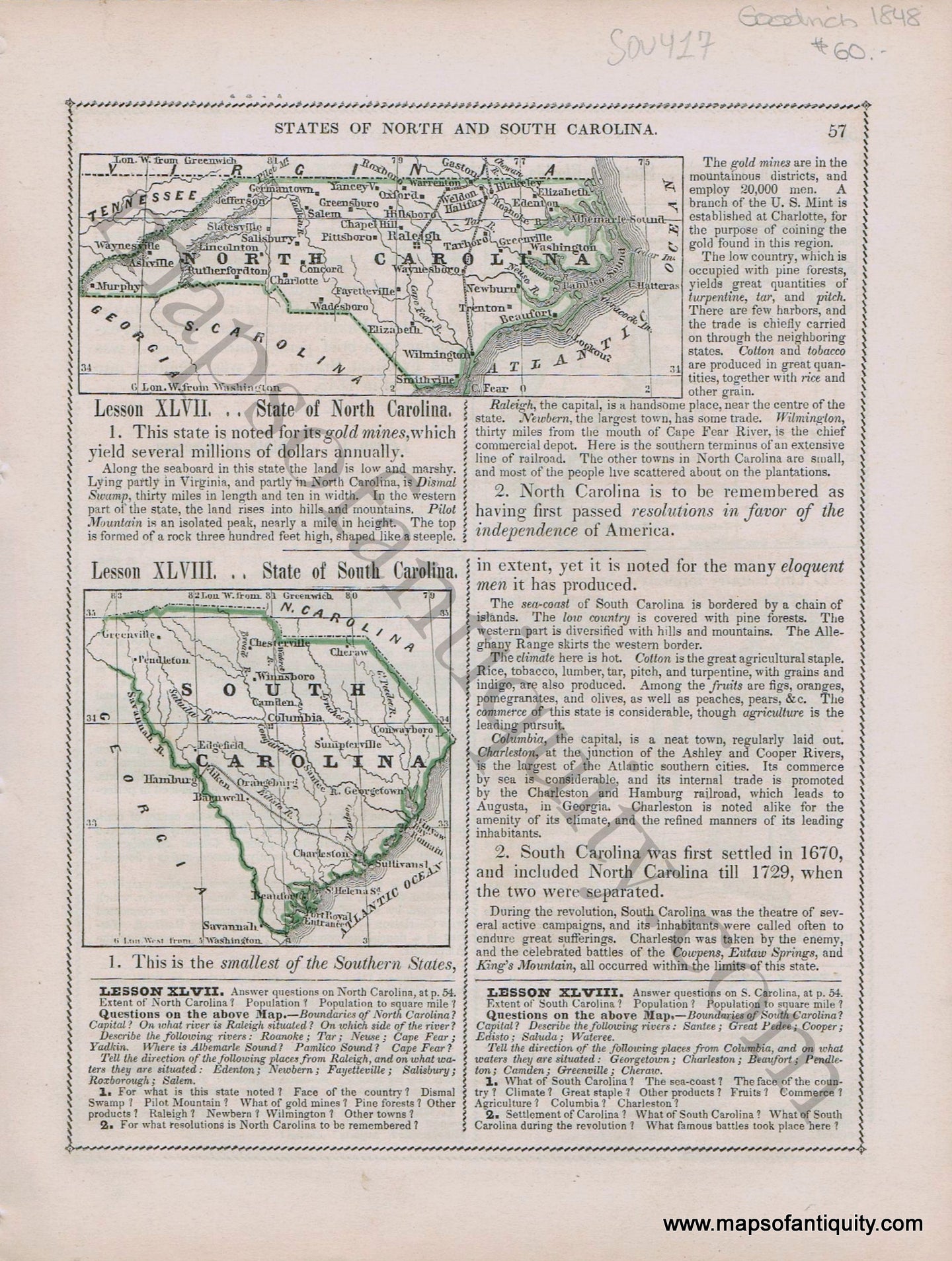 Antique-Printed-Color-Map-States-of-North-and-South-Carolina-verso-States-of-Florida-and-Georgia-1848-Goodrich-United-States-South1800s-19th-century-Maps-of-Antiquity