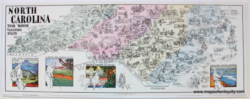 Antique-Printed-Color-Pictorial-Map-North-Carolina-Year-'Round-Vacation-State-1939-Kenneth-Whitsett-South-North-Carolina-1800s-19th-century-Maps-of-Antiquity