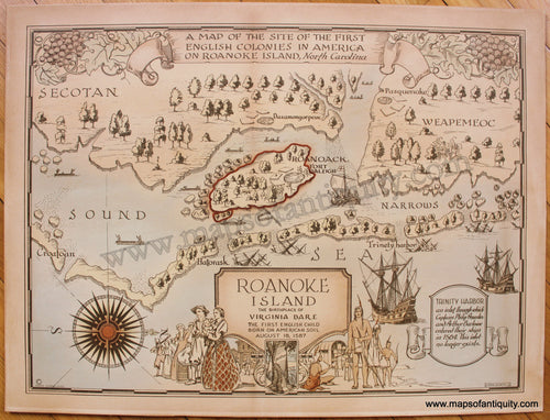 Antique-Printed-Color-Pictorial-Map-Roanoke-Island-The-birthplace-of-Virginia-Dare-the-first-English-child-born-on-American-soil-c.-1927-Day-Lowry-Elaine-Cochran-Goode-South-Virginia-1900s-20th-century-Maps-of-Antiquity