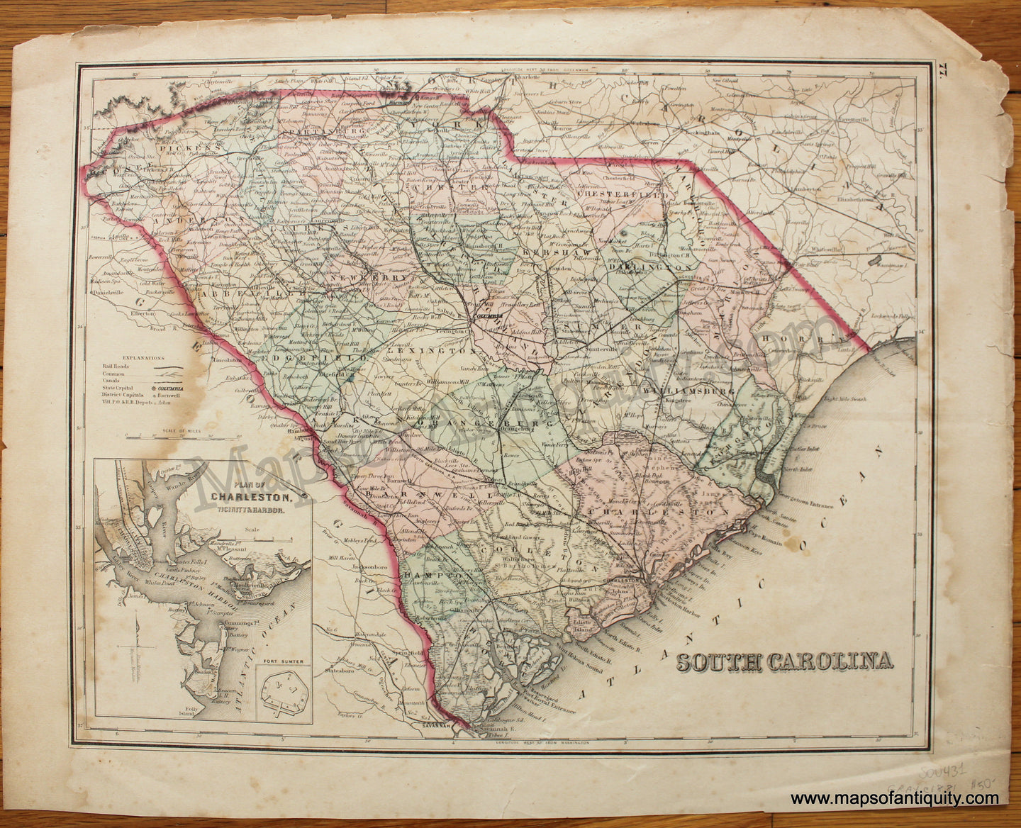 Antique-Hand-Colored-Map-South-Carolina-c.-1881-Gray-South-South-Carolina-1800s-19th-century-Maps-of-Antiquity