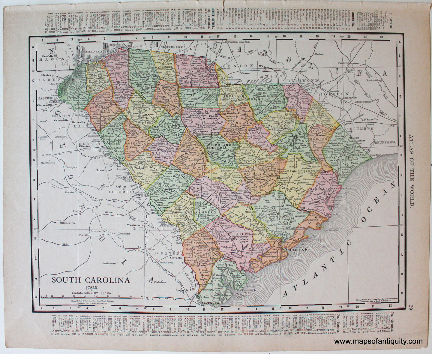 Antique-Printed-Color-Map-South-Carolina-verso:-Georgia-1911-Rand-McNally-South-South-Carolina-1900s-20th-century-Maps-of-Antiquity