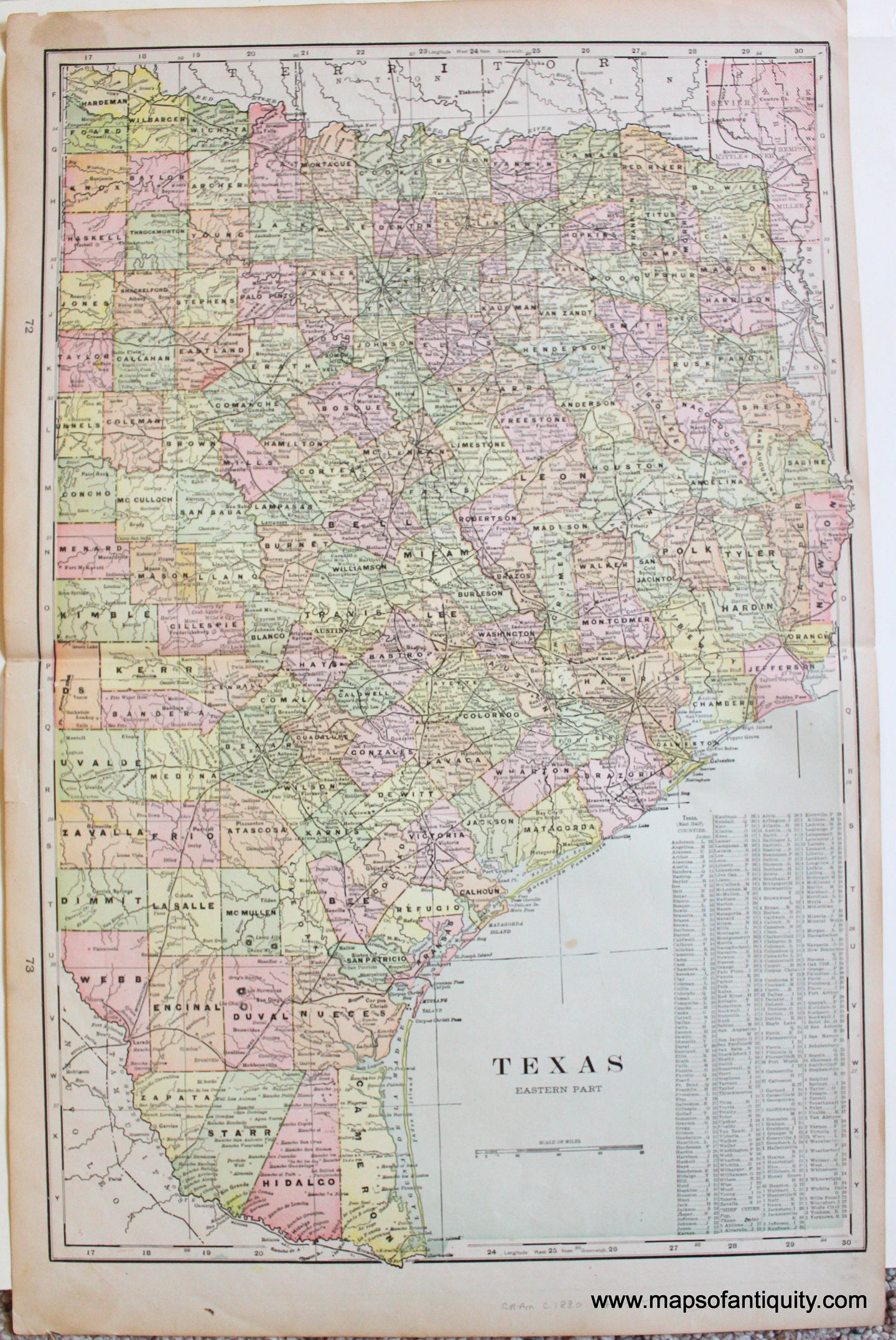 Antique-Printed-Color-Map-Texas-Eastern-Part-c.-1880-Cram-South-Texas-1800s-19th-century-Maps-of-Antiquity