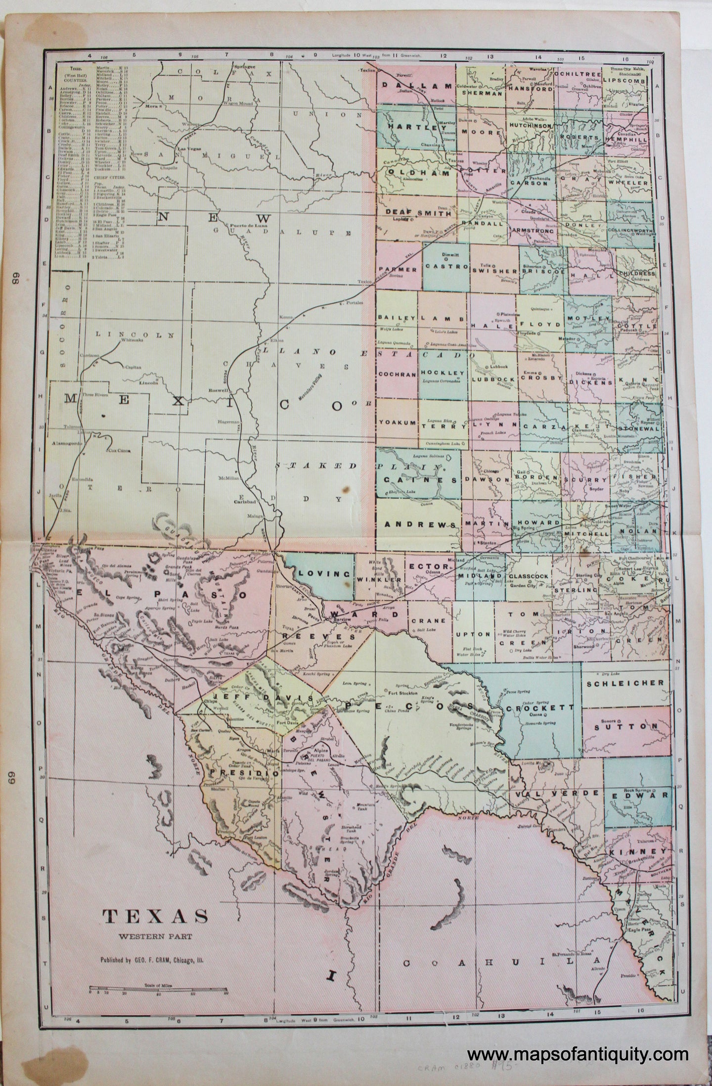 Antique-Printed-Color-Map-Texas-Western-Part-c.-1880-Cram-South-Texas-1800s-19th-century-Maps-of-Antiquity