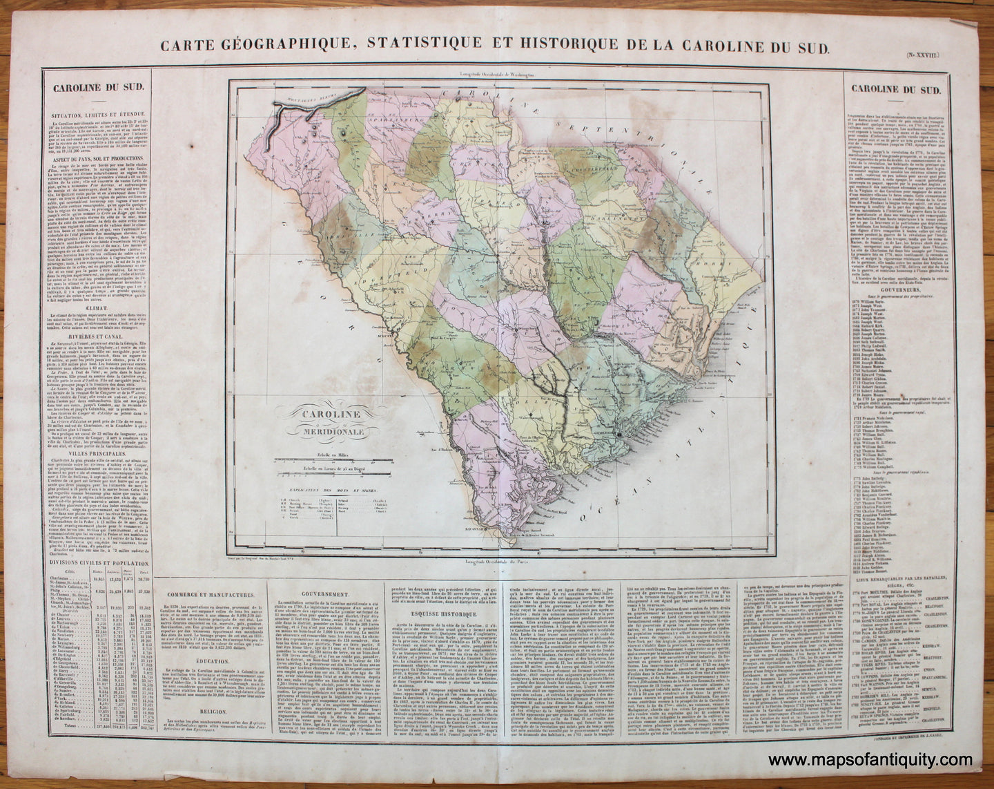 Carte-Geographique-Statistique-et-Historique-de-la-Caroline-du-Sud.-Buchon-1825-South-Carolina-Antique-Map-1820s-1800s-19th-century