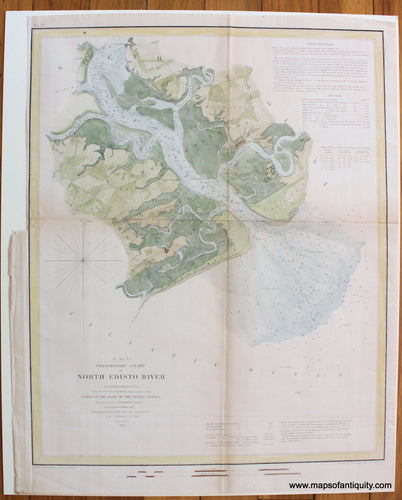 Hand-Colored-Antique-Map-Preliminary-Chart-of-North-Edisto-River-1853-USCS-South-1800s-19th-century-Maps-of-Antiquity