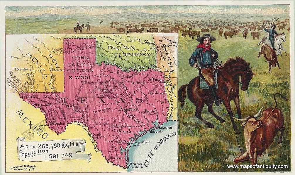 Antique-Chromolithograph-Arbuckle-Print-Prints-Texas-1890-1800s-19th-Century-Maps-of-Antiquity