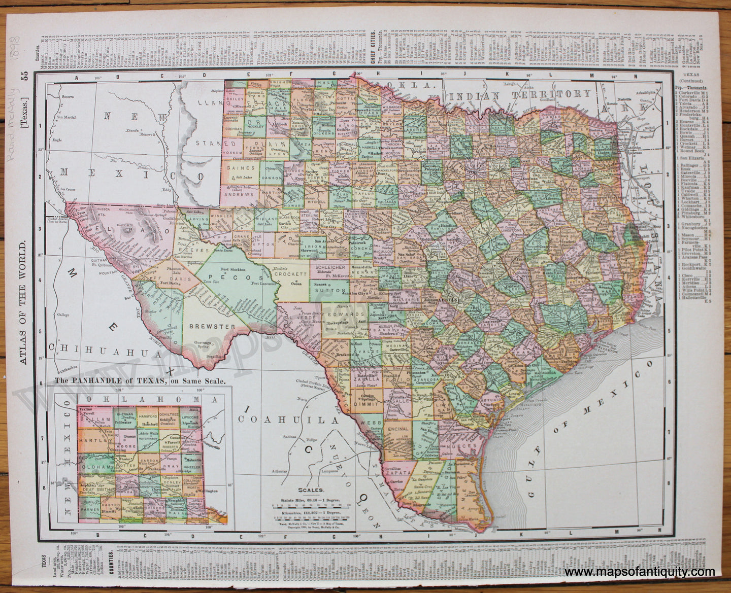 Antique-Printed-Color-Map-Texas;-verso:-Oklahoma-and-Indian-Territory-1898-Rand-McNally-South-Texas-1800s-19th-century-Maps-of-Antiquity