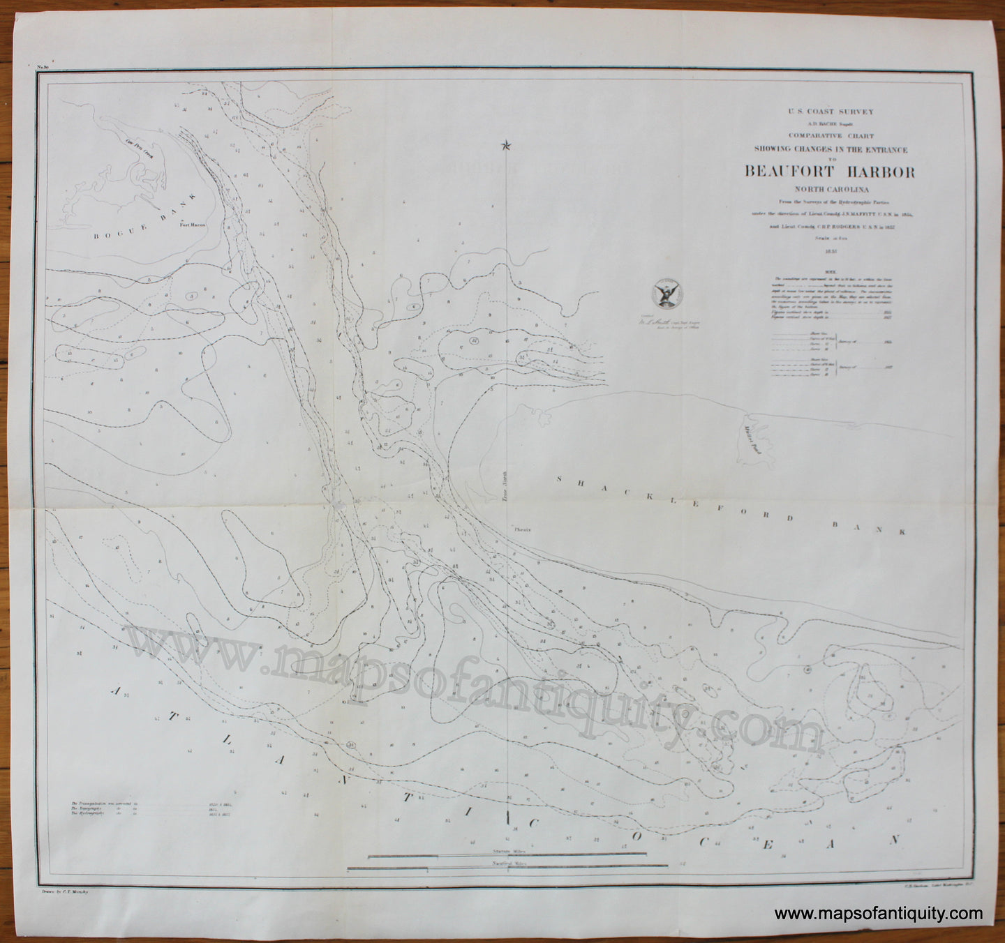 Antique-Coast-Survey-United-States-Comparative-Chart-Showing-Changes-in-the-Entrance-to-Beaufort-Harbor-North-Carolina-1857-US-Coast-Survey-South-1800s-19th-century-Maps-of-Antiquity