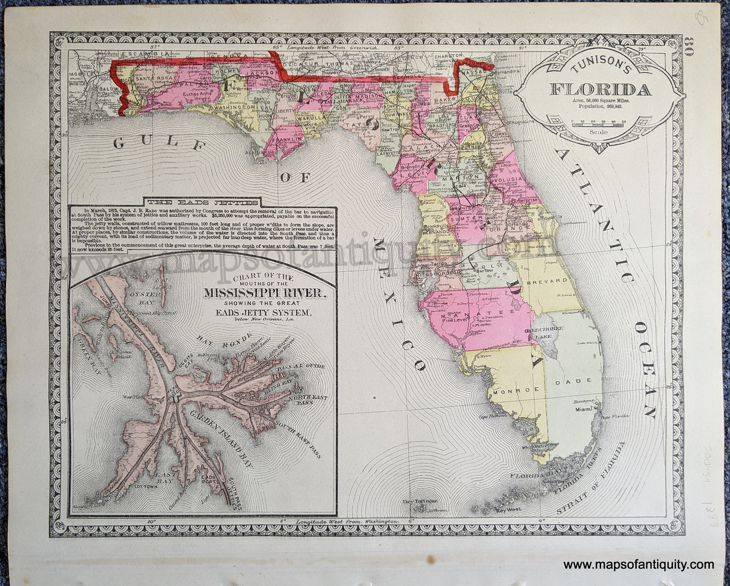 Antique-Map-Double-sided-sheet-with-multiple-maps:-Centerfold---Tunison's-Arkansas-Louisiana-and-Mississippi;-versos:-Tunison's-Georgia-and-South-Carolina-/-Tunison's-Florida-United-States-South-1888-Tunison-Maps-Of-Antiquity-1800s-19th-century