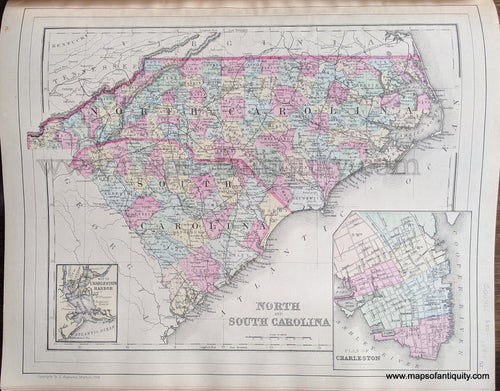 Antique-Hand-Colored-Map-North-and-South-Carolina-United-States-South-1884-Mitchell-Maps-Of-Antiquity-1800s-19th-century