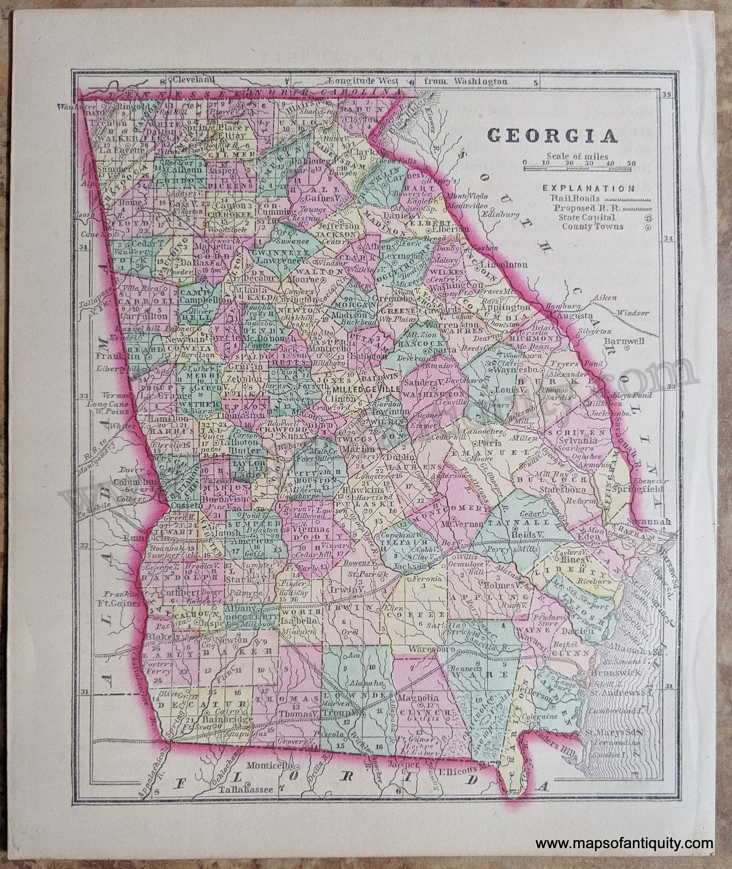 Antique-Hand-Colored-Map-Georgia-United-States-South-1857-Morse-and-Gaston-Maps-Of-Antiquity-1800s-19th-century