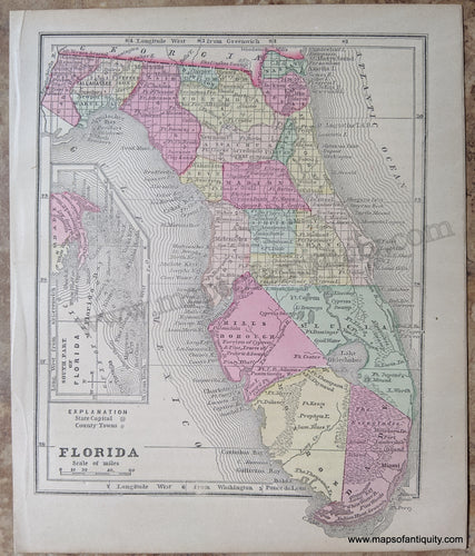 Antique-Hand-Colored-Map-Florida-United-States-South-1857-Morse-and-Gaston-Maps-Of-Antiquity-1800s-19th-century