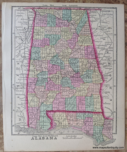Antique-Hand-Colored-Map-Alabama-United-States-South-1857-Morse-and-Gaston-Maps-Of-Antiquity-1800s-19th-century