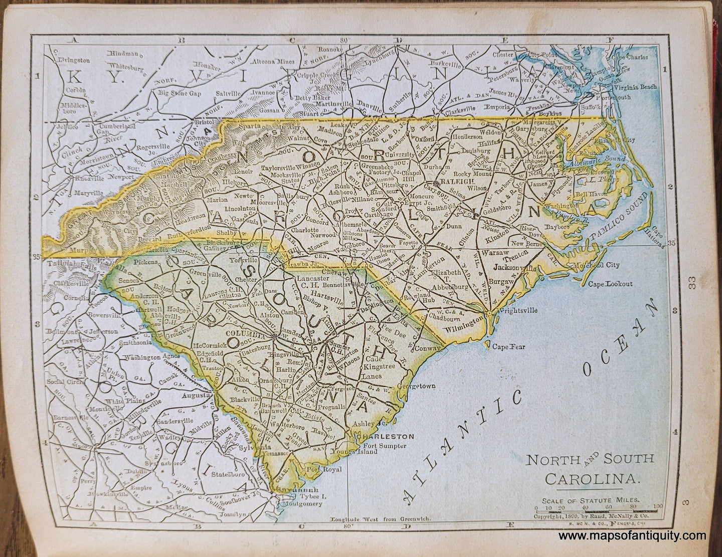 Genuine-Antique-Map-North-and-South-Carolina-1900-Rand-McNally-Maps-Of-Antiquity