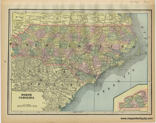 Genuine-Antique-Printed-Color-Map-North-Carolina-1893-Gaskell-Maps-Of-Antiquity