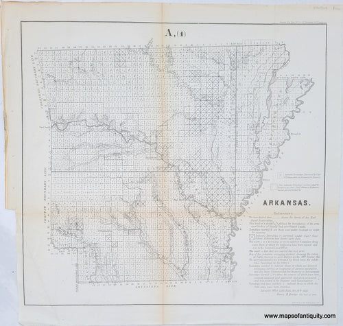 Antique uncolored map of the survey of Arkansas, published by the US Government in 1856. Shows Native American Indian lands and reservations, rivers, lakes, many cities, etc. 