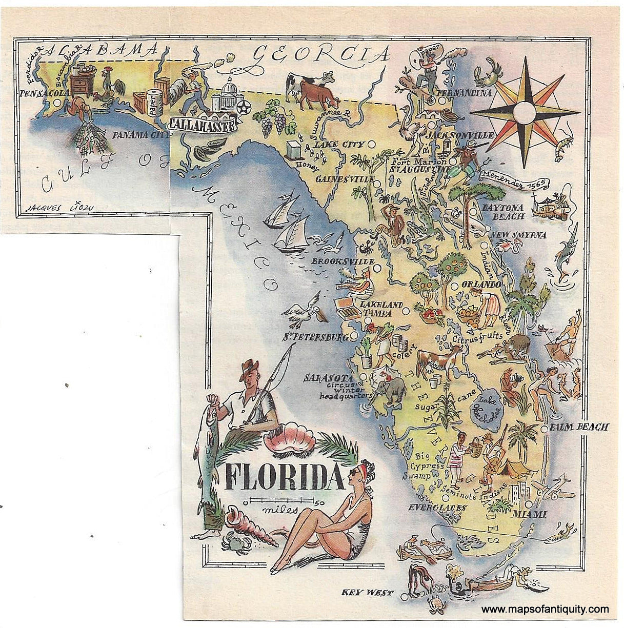 Genuine-Vintage-Map-Florida-1949-Liozu-Maps-Of-Antiquity