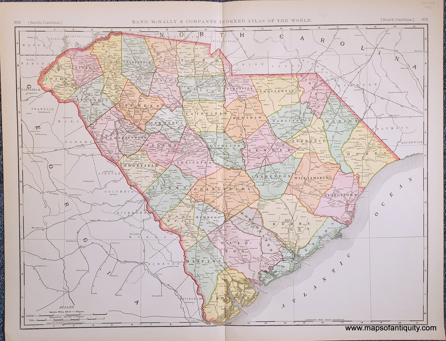 Genuine-Antique-Map-South-Carolina-South-Carolina--1898-Rand-McNally-Maps-Of-Antiquity-1800s-19th-century