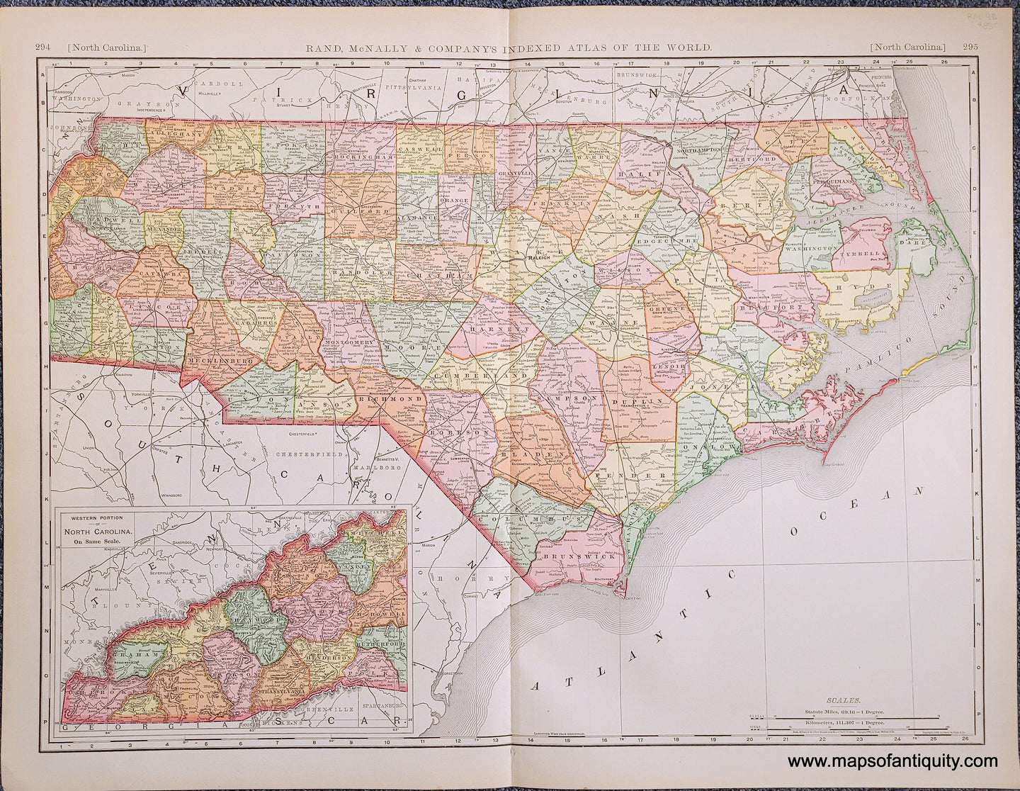 Genuine-Antique-Map-North-Carolina-North-Carolina--1898-Rand-McNally-Maps-Of-Antiquity-1800s-19th-century