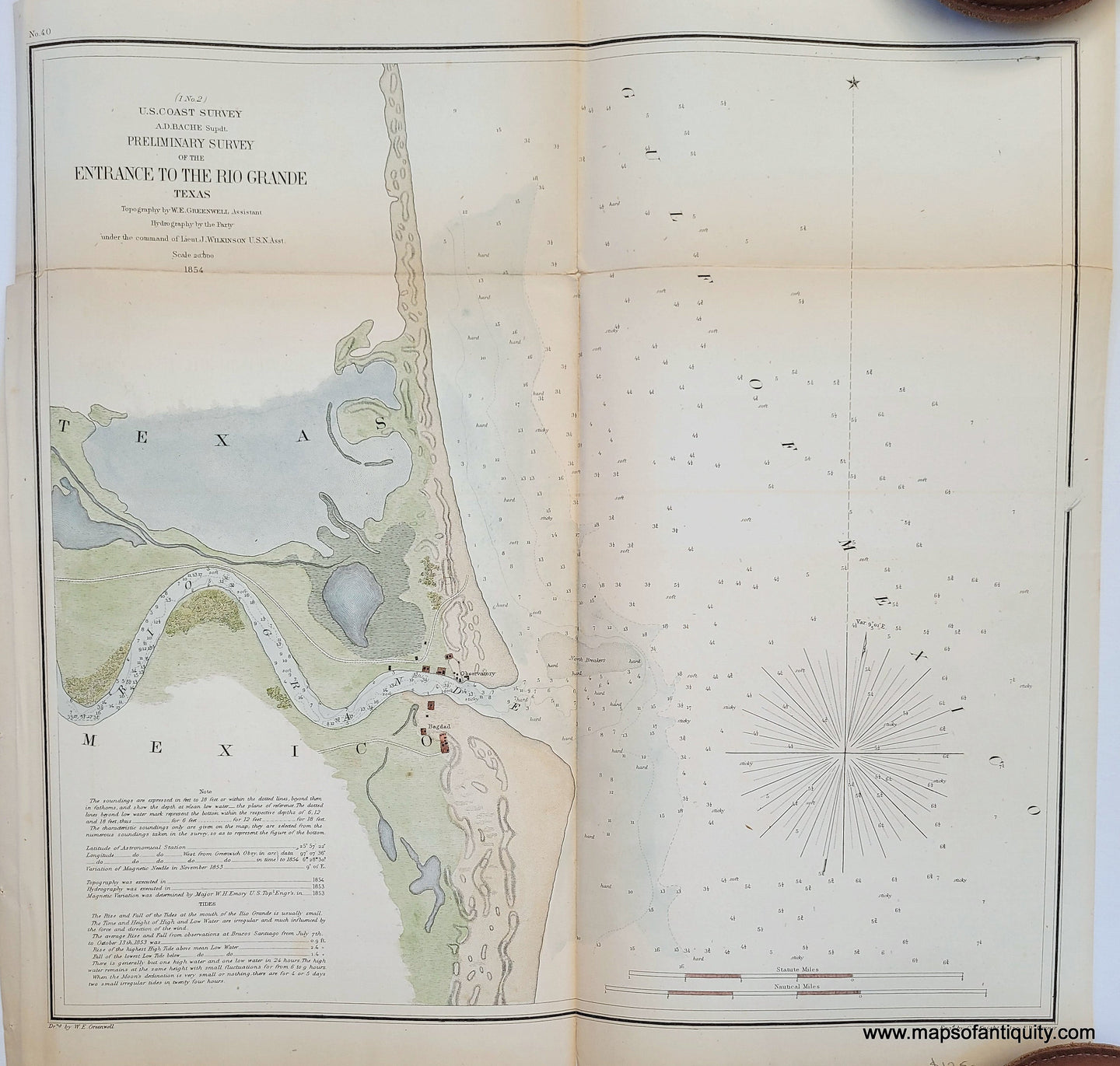 Genuine-Antique-Chart-Preliminary-Survey-of-the-Entrance-to-the-Rio-Grande-Texas-Texas-Mexico-Coastal-Report-Charts--1854-US-Coast-Survey-Maps-Of-Antiquity-1800s-19th-century