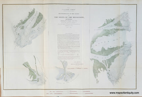 Genuine-Antique-Chart-Reconnoissance-of-the-Passes-of-the-Delta-of-the-Mississippi-River-Louisiana-Louisiana-Coastal-Report-Charts--1852-US-Coast-Survey-Maps-Of-Antiquity-1800s-19th-century