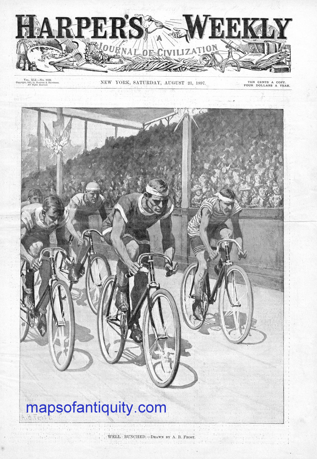 Black-and-White-Antique-Illustration-Well-Bunched-Bicycle-Race-Antique-Prints-Sports-Prints-1897-Harper's-Weekly-Maps-Of-Antiquity