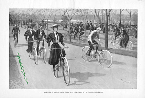 Black-and-White-Antique-Illustration-Bicycling-on-the-Riverside-Drive-New-York-Antique-Prints-Sports-Prints-1894-Harper's-Weekly-Maps-Of-Antiquity