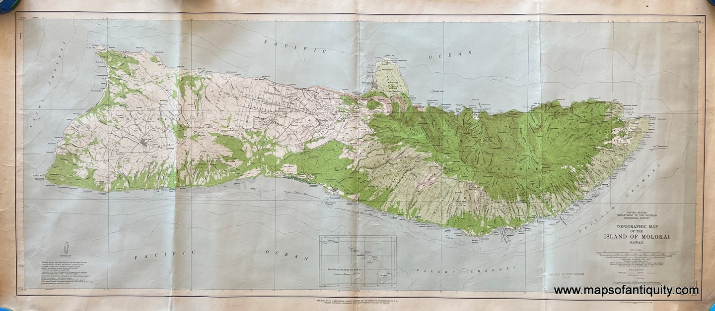 Genuine-Antique-Topographical-Map-Island-of-Molokai-Hawaii-Topo-Map-1952-USGS-U-S--Geological-Survey-Maps-Of-Antiquity